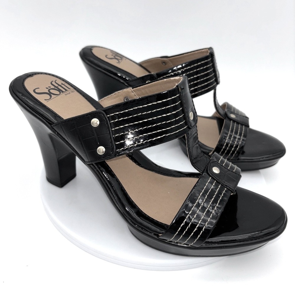 SOFFT Black Patent Leather Sandal Block Heel Shoe‎ T-Strap Comfort Open Toe 8